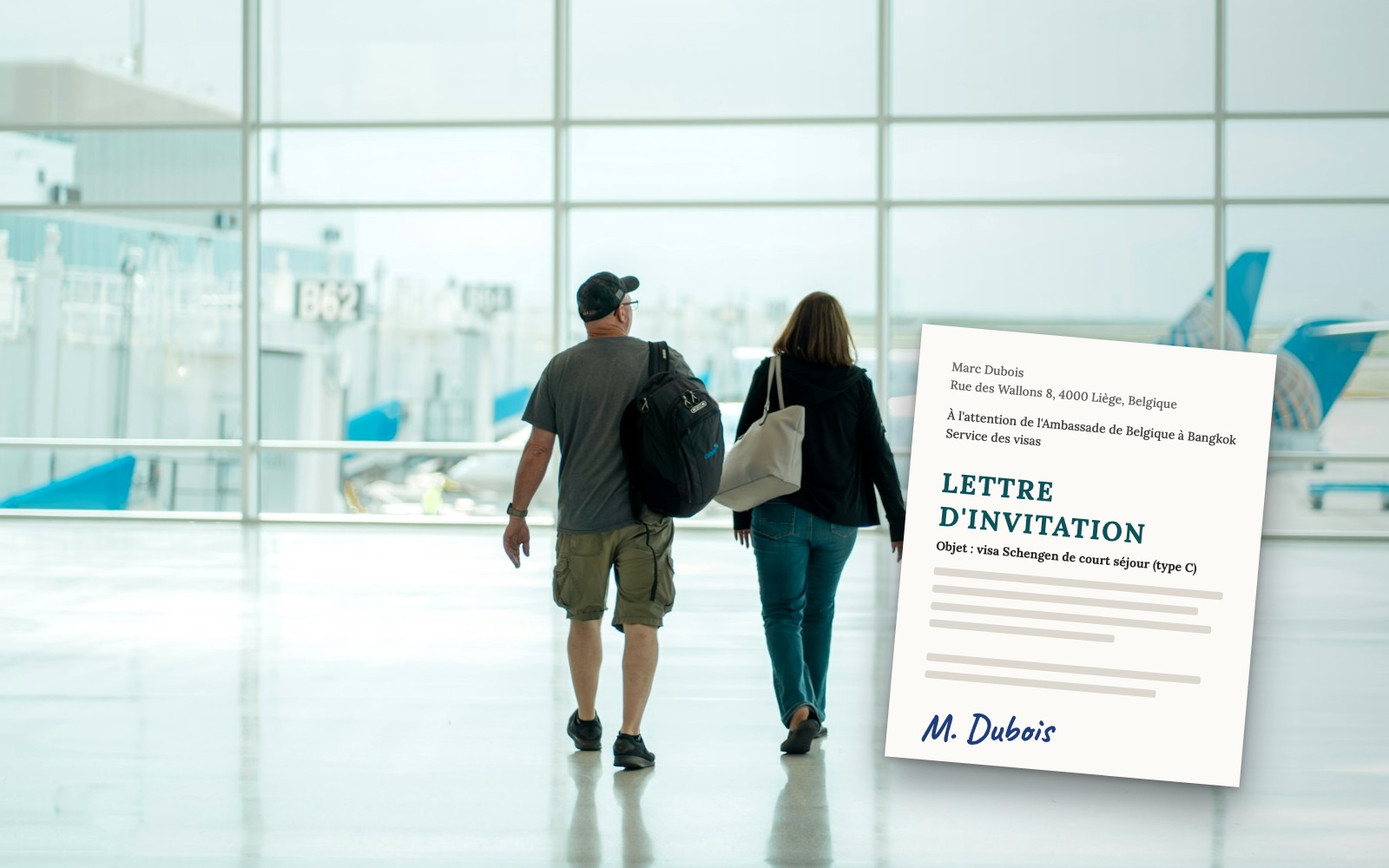 lettre-invitation-visa-visiteur-thailandais-v2 Couple marchant dans un terminal d'aéroport, avec une lettre d'invitation signée pour un visa Schengen