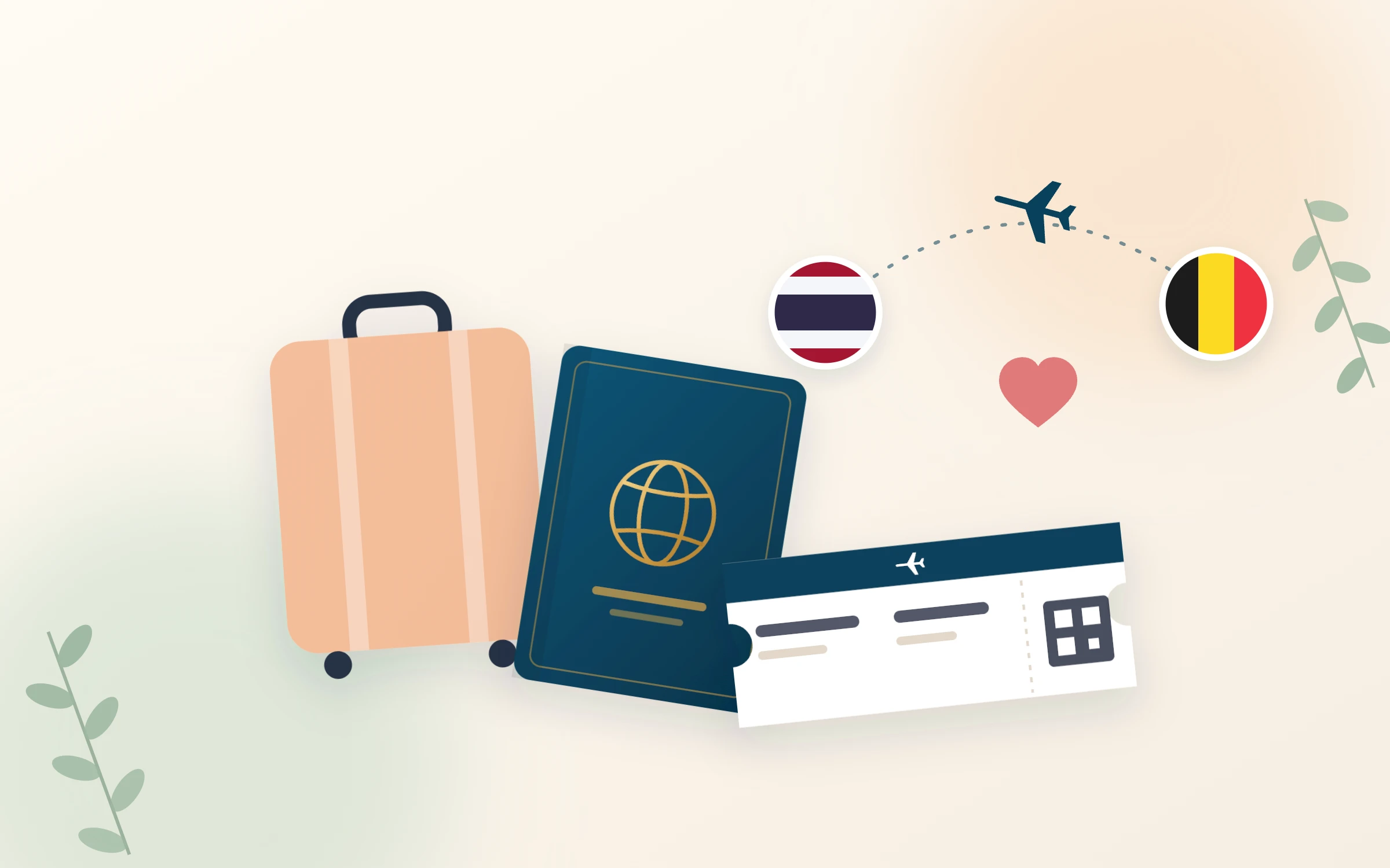 Passport, suitcase and boarding pass for a Belgium visit visa from Thailand Passport, suitcase and boarding pass for a Belgium visit visa from Thailand