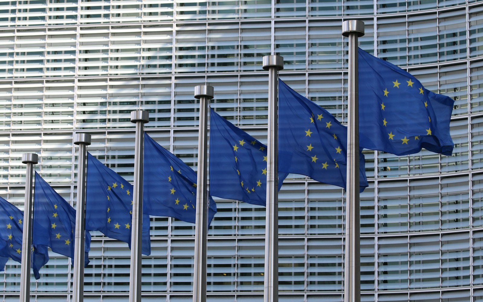 Row of European Union flags in Brussels