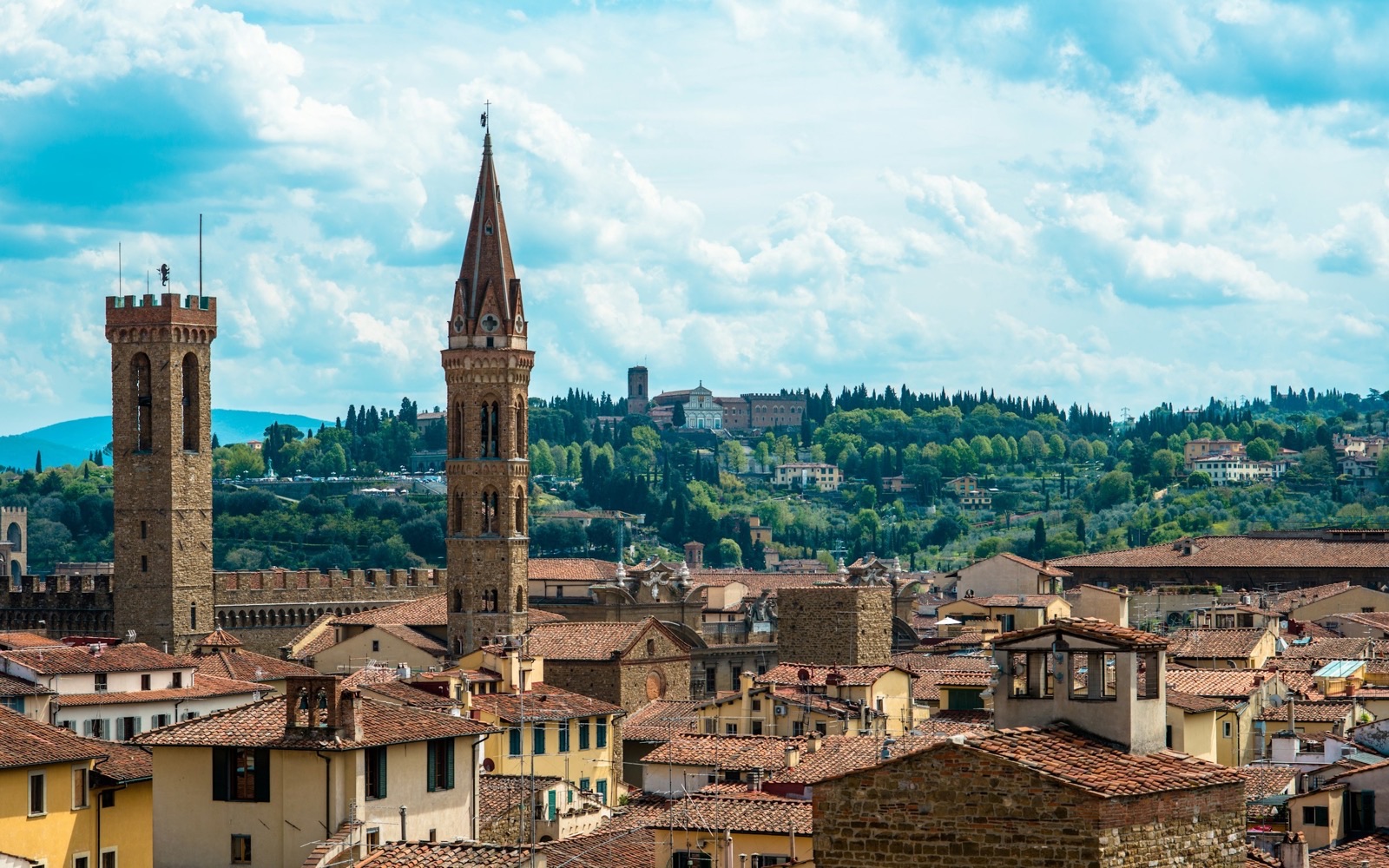 Florence rooftops and towers Florence rooftops with the Bargello and Badia towers and the Tuscan hills