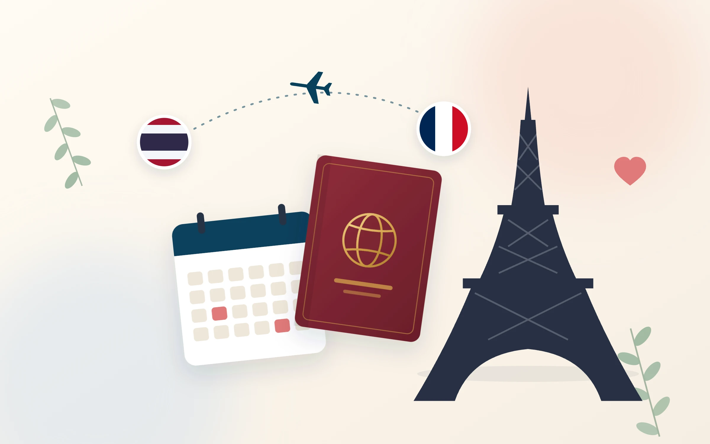 Passport, calendar and Eiffel Tower for a France visit visa from Thailand